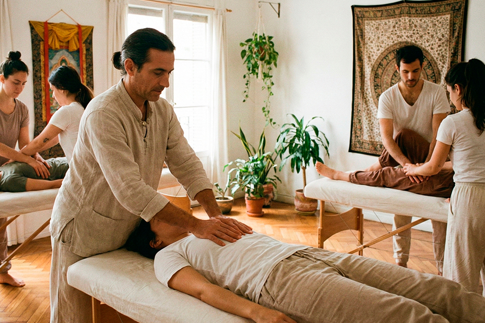 Man lying down in a clinic and having an acupuncture treatment on his ear