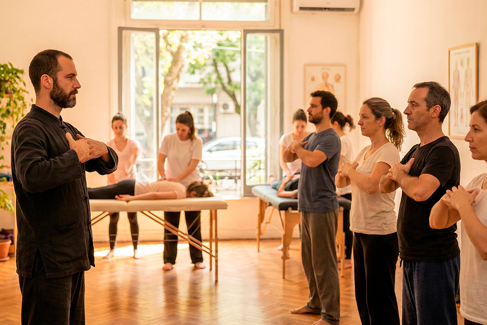 Man lying down in a clinic and having an acupuncture treatment on his ear